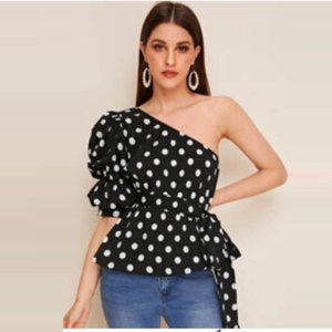 Black white polka dot one shoulder blouse L